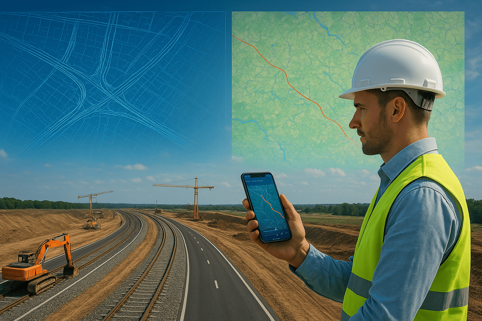 Abstract image blending a modern construction site with digital data visualizations.